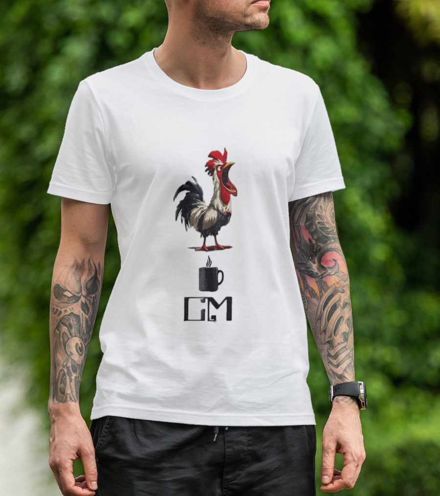 GM Cartoon Crowing Rooster Steaming Black Coffee T-Shirt