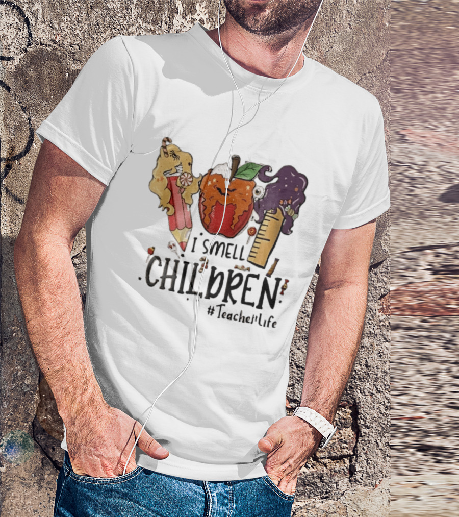 I Smell Children Teacherlife Sanderson Sisters Halloween Pencil Apple Ruler Cartoon T-Shirt