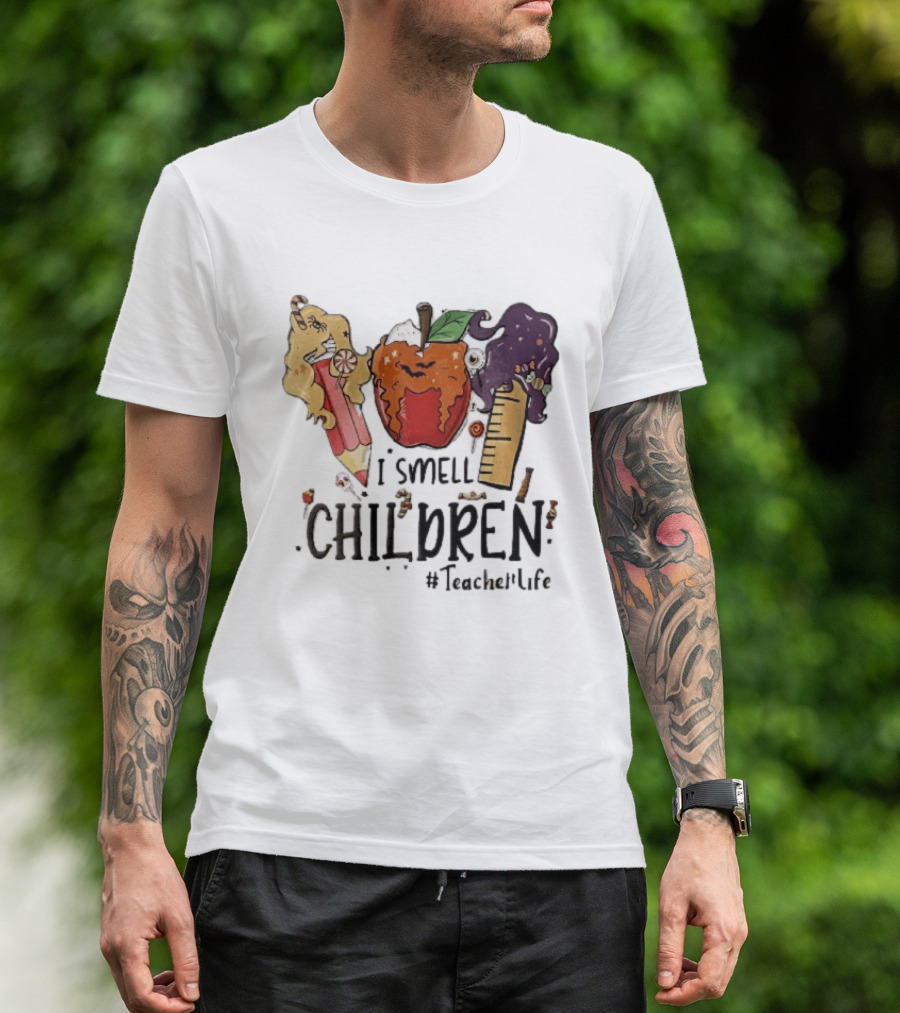 I Smell Children Teacherlife Sanderson Sisters Halloween Pencil Apple Ruler Cartoon T-Shirt
