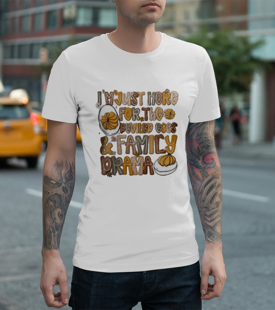I'm Just Here For The Deviled Eggs And Family Drama Groovy Autumn Leaves T-Shirt