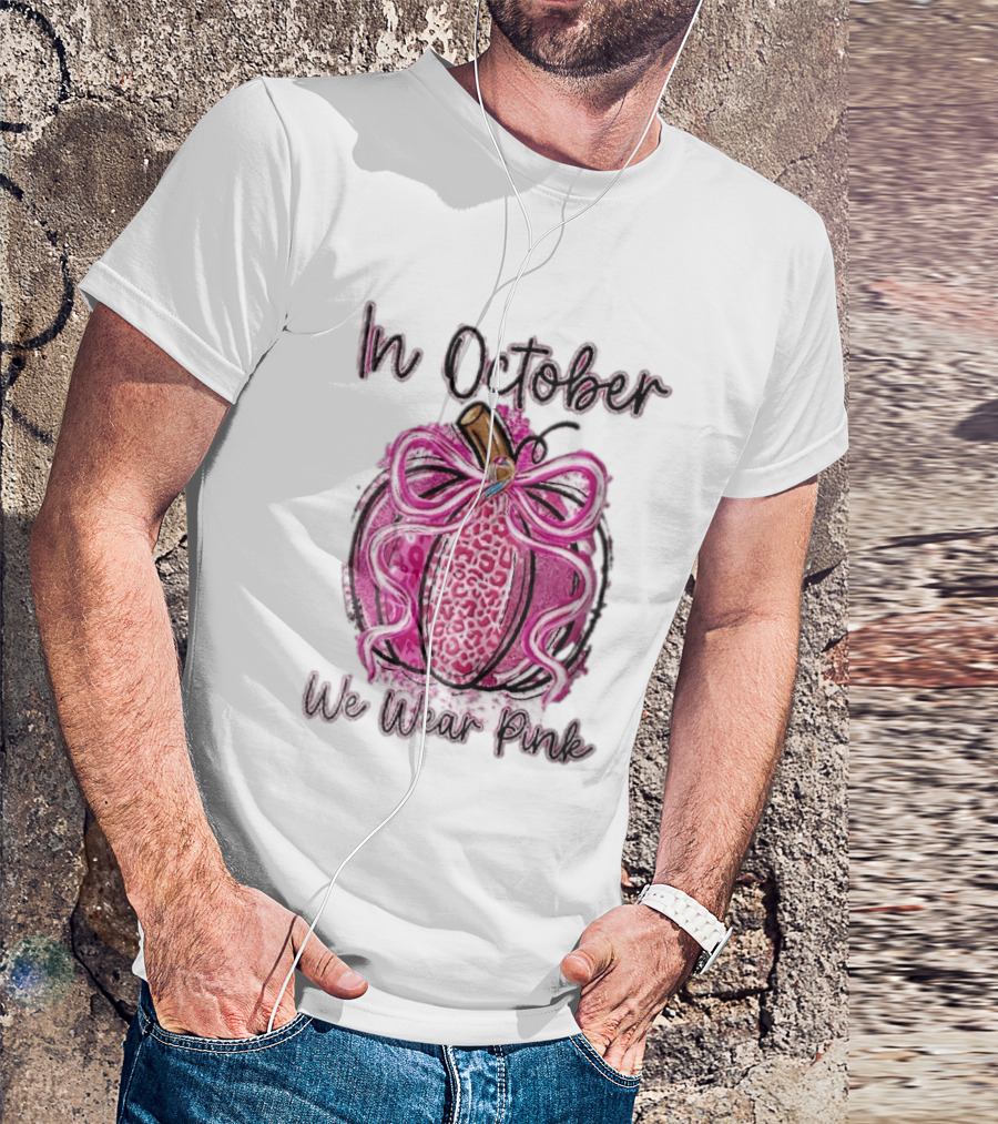 In October We Wear Pink Leopard Pumpkin Breast Cancer Ribbon Bow T-Shirt
