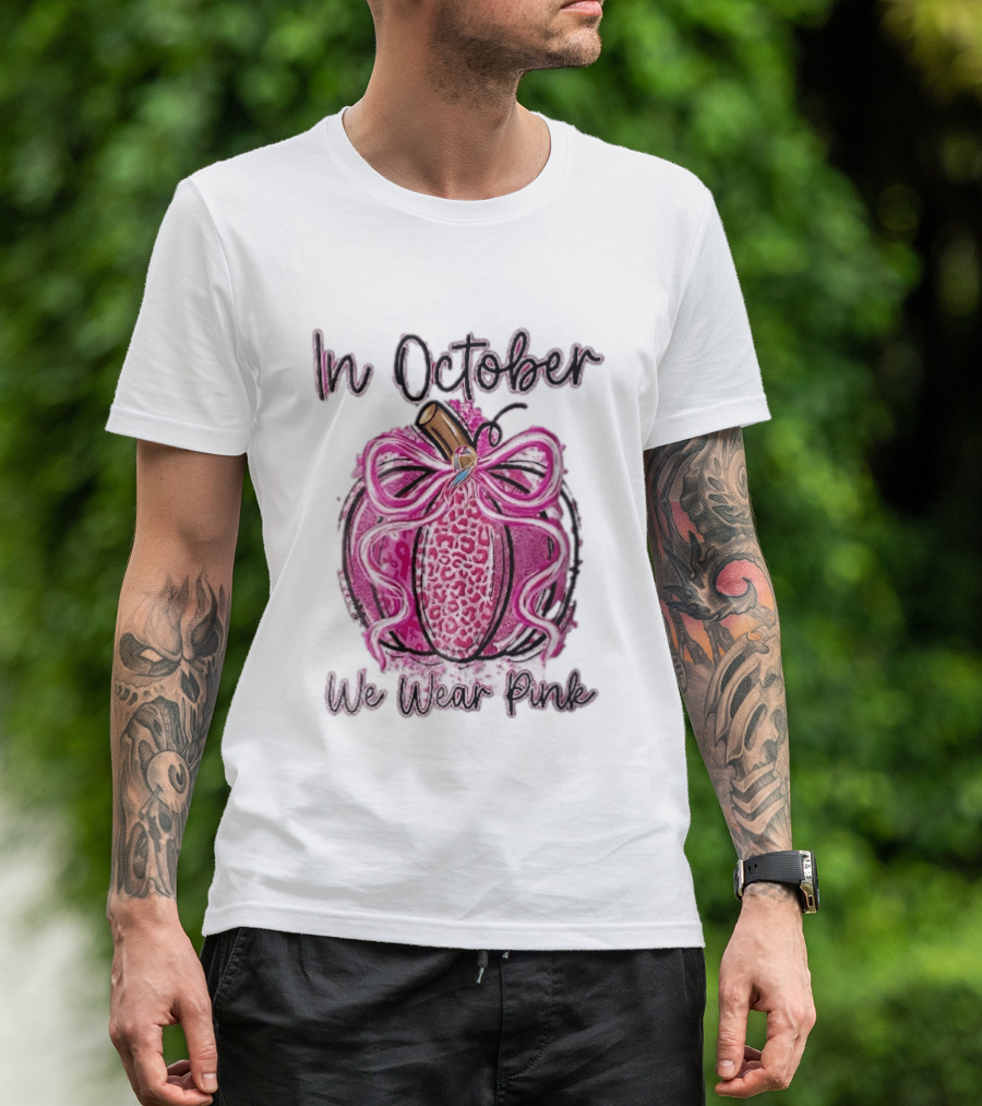 In October We Wear Pink Leopard Pumpkin Breast Cancer Ribbon Bow T-Shirt