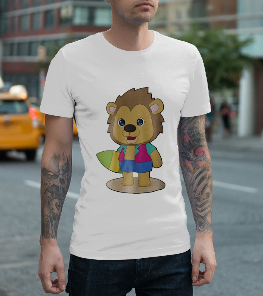 Lion Summer Surfing Adventure Cartoon T-Shirt