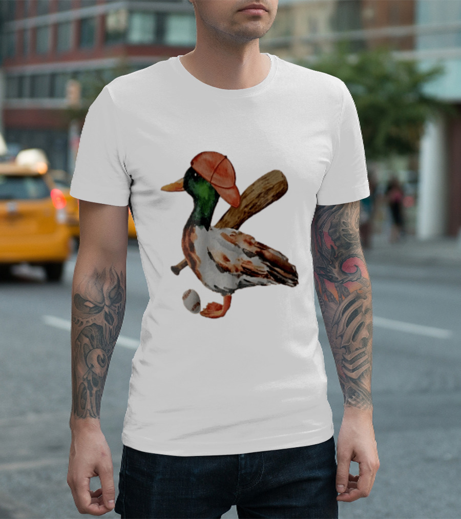 Mallard Duck Baseball Player Red Cap Wooden Bat Watercolor Mallard T-Shirt
