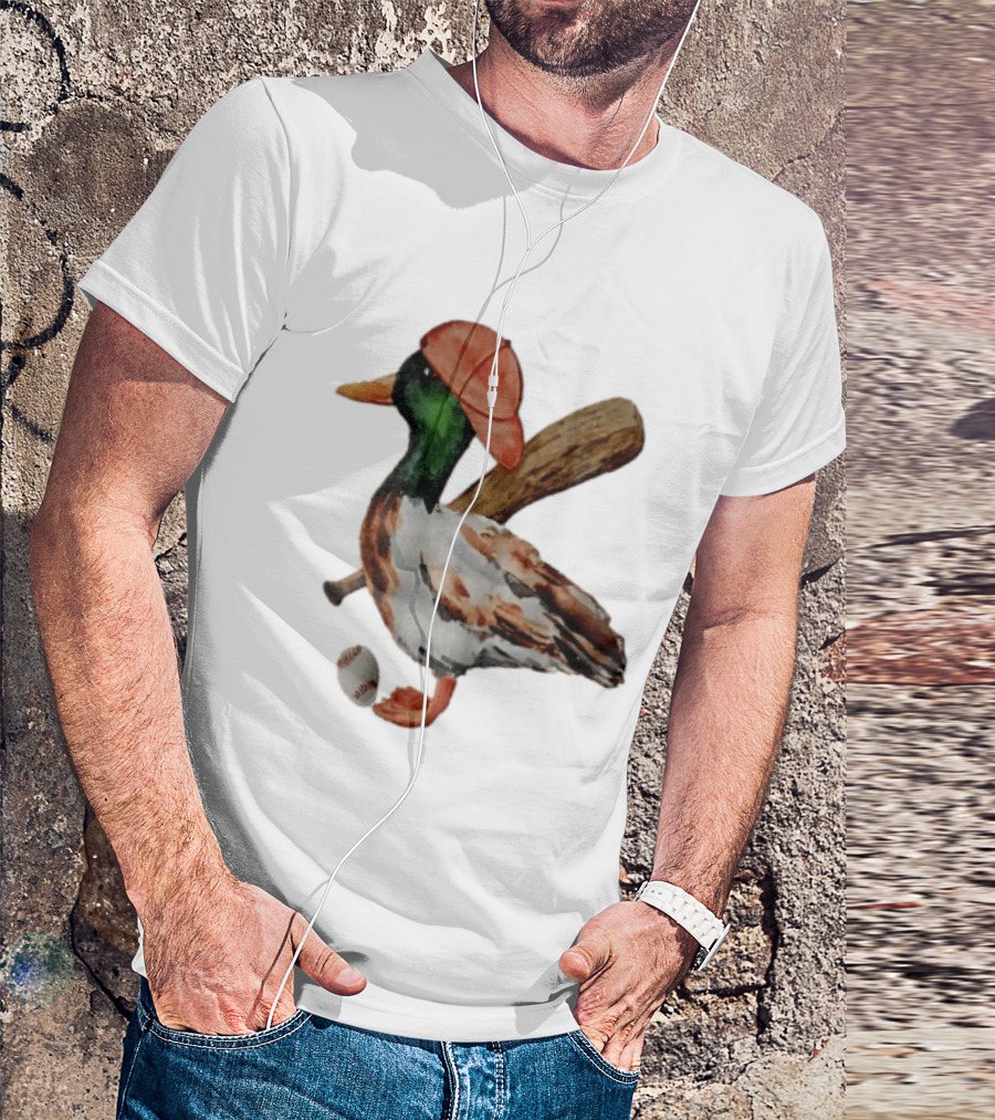 Mallard Duck Baseball Player Red Cap Wooden Bat Watercolor Mallard T-Shirt