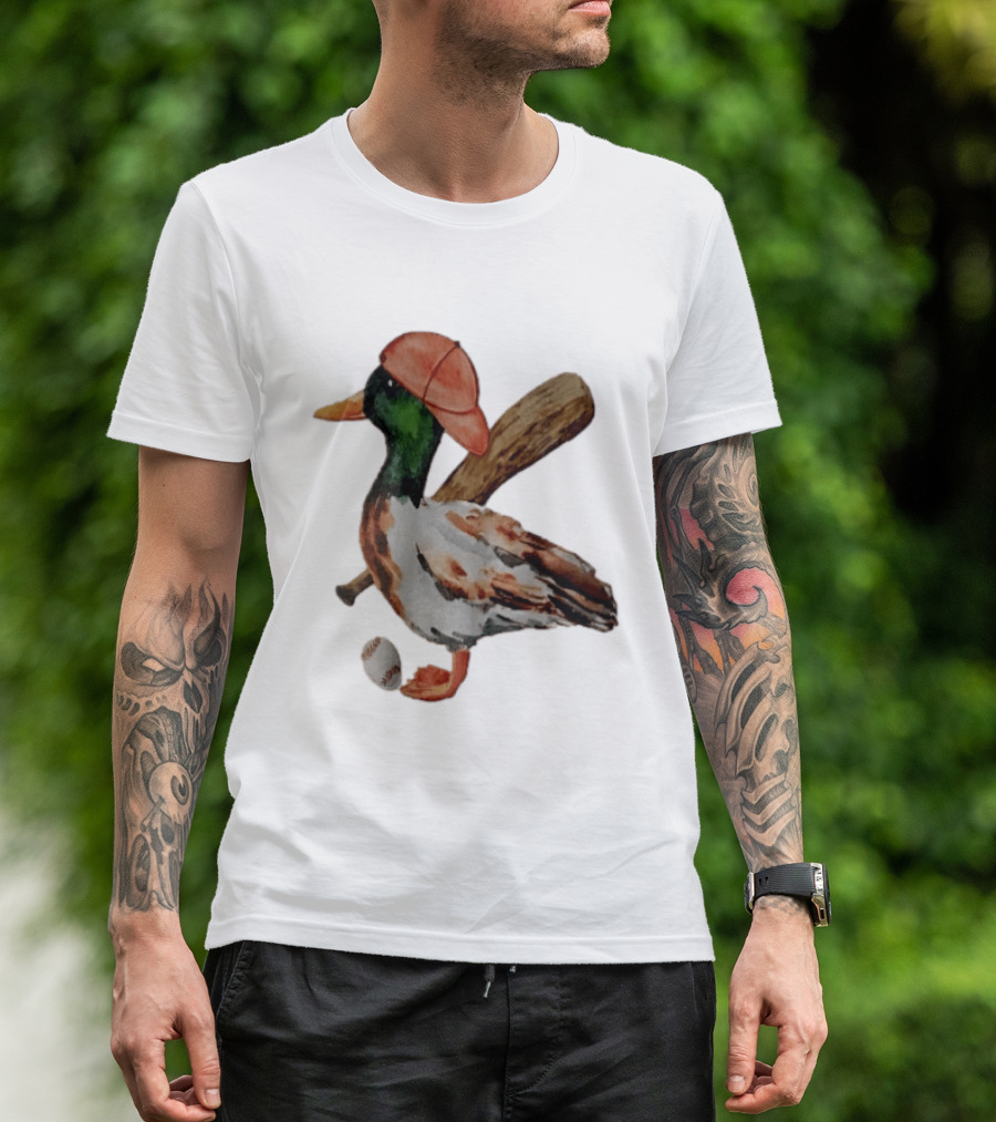 Mallard Duck Baseball Player Red Cap Wooden Bat Watercolor Mallard T-Shirt