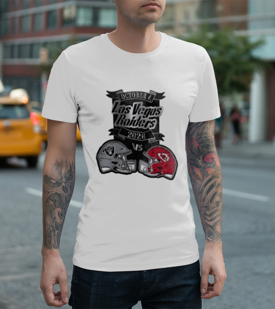 Las Vegas Raiders Vs 2026 October 4 Red Silver Opposing Football Helmets T-Shirt