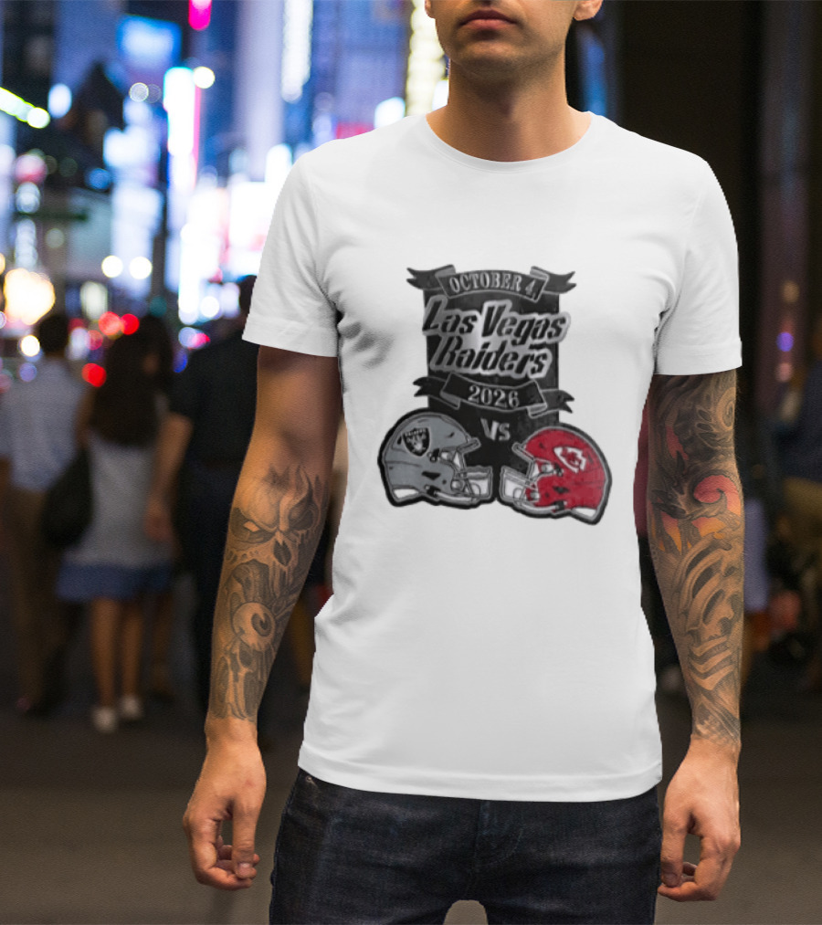 Las Vegas Raiders Vs 2026 October 4 Red Silver Opposing Football Helmets T-Shirt