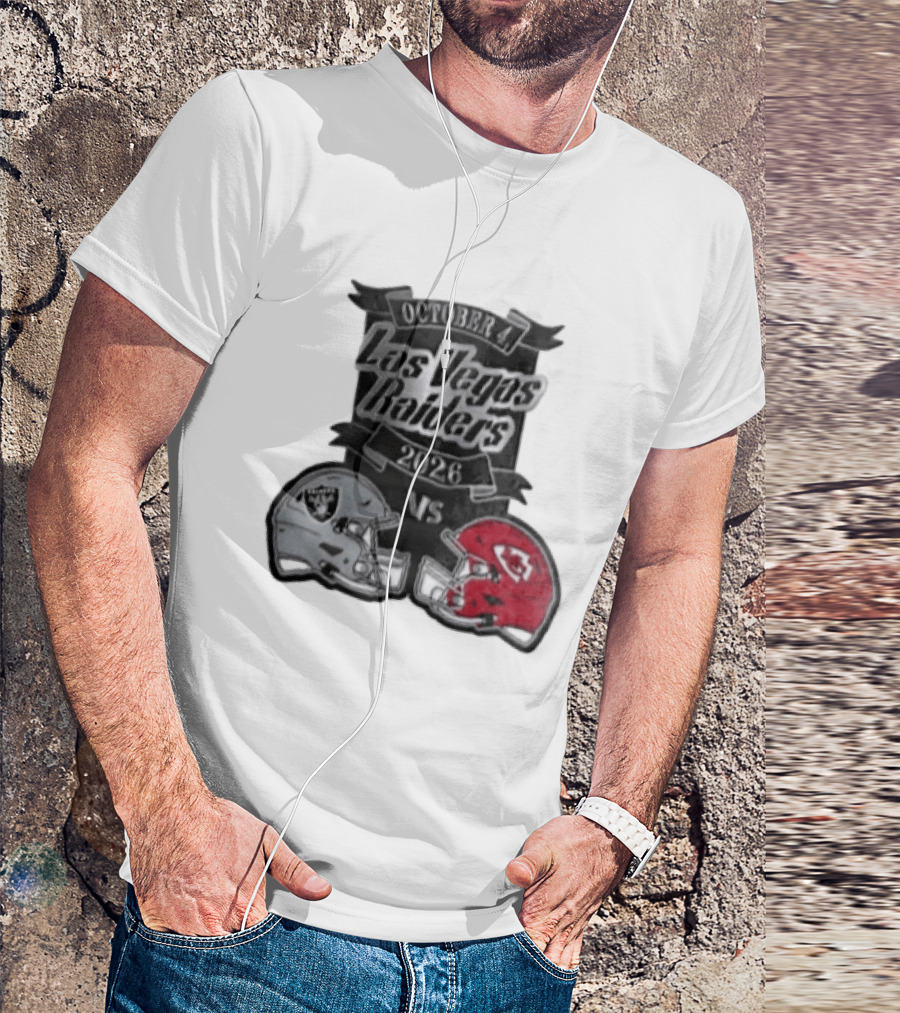 Las Vegas Raiders Vs 2026 October 4 Red Silver Opposing Football Helmets T-Shirt