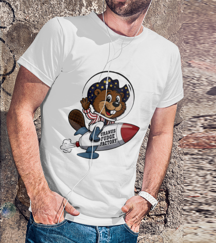 Uranus Fudge Factory Patriotic Beaver Riding Rocket T-Shirt