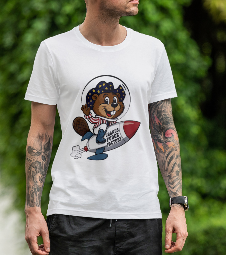 Uranus Fudge Factory Patriotic Beaver Riding Rocket T-Shirt