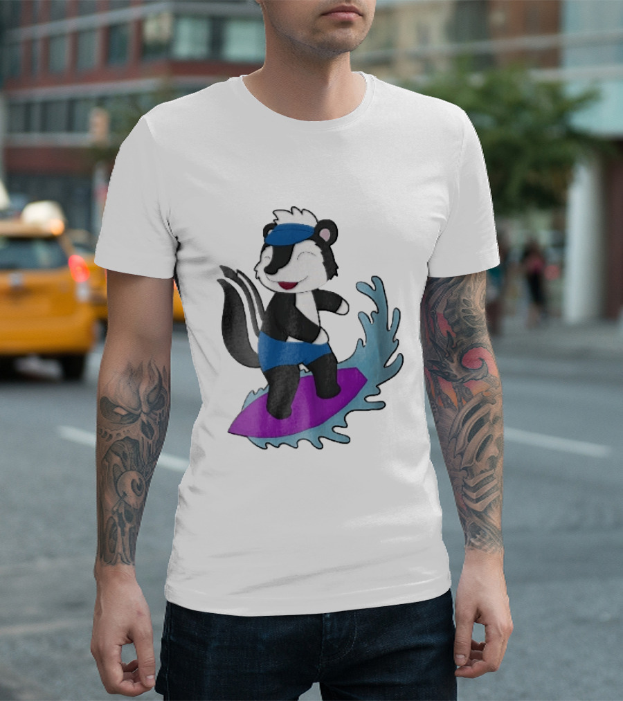 Skunk Surfing Cartoon On Purple Surfboard With Blue Waves And Summer Vibes T-Shirt