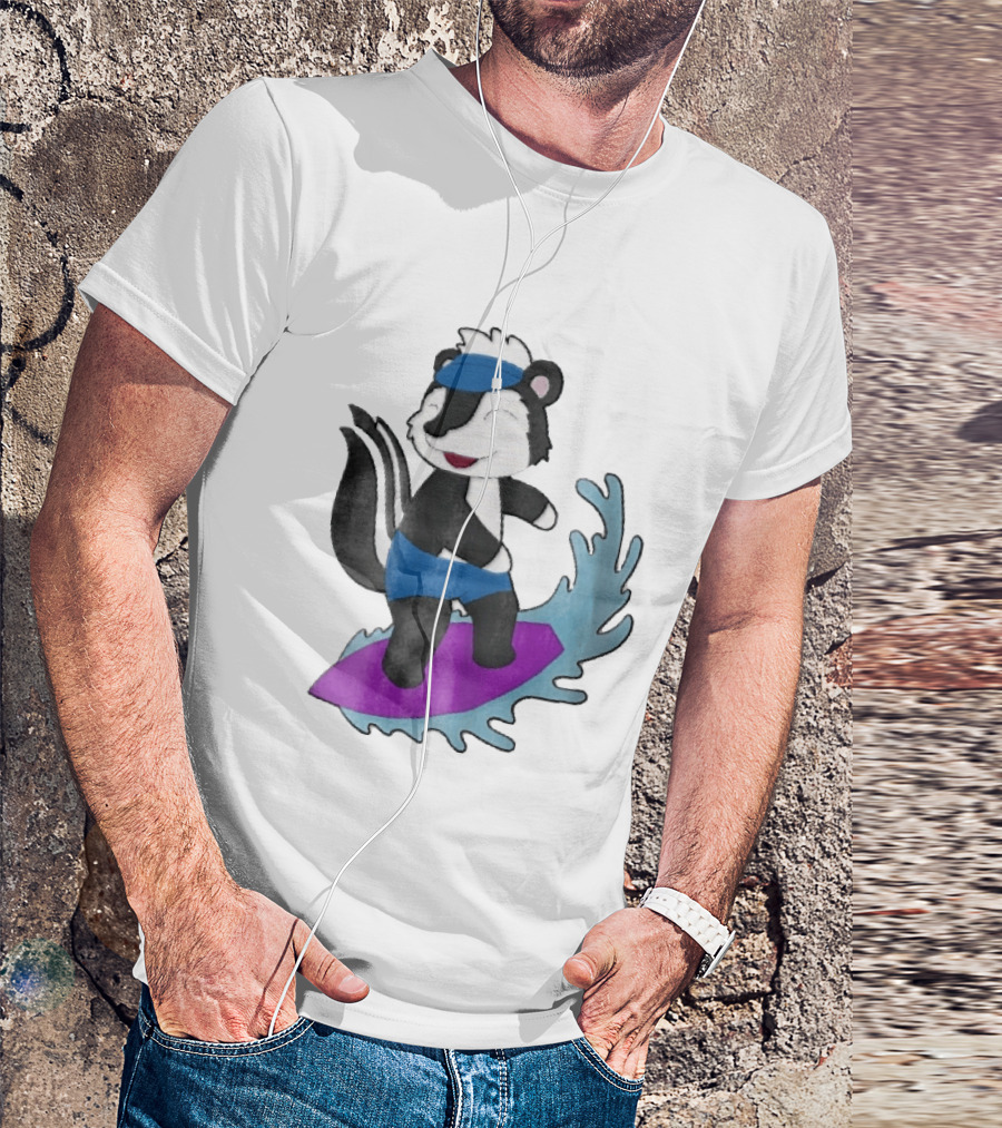 Skunk Surfing Cartoon On Purple Surfboard With Blue Waves And Summer Vibes T-Shirt