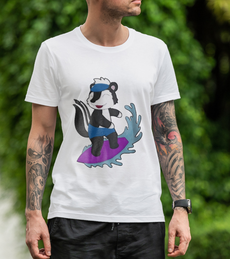 Skunk Surfing Cartoon On Purple Surfboard With Blue Waves And Summer Vibes T-Shirt
