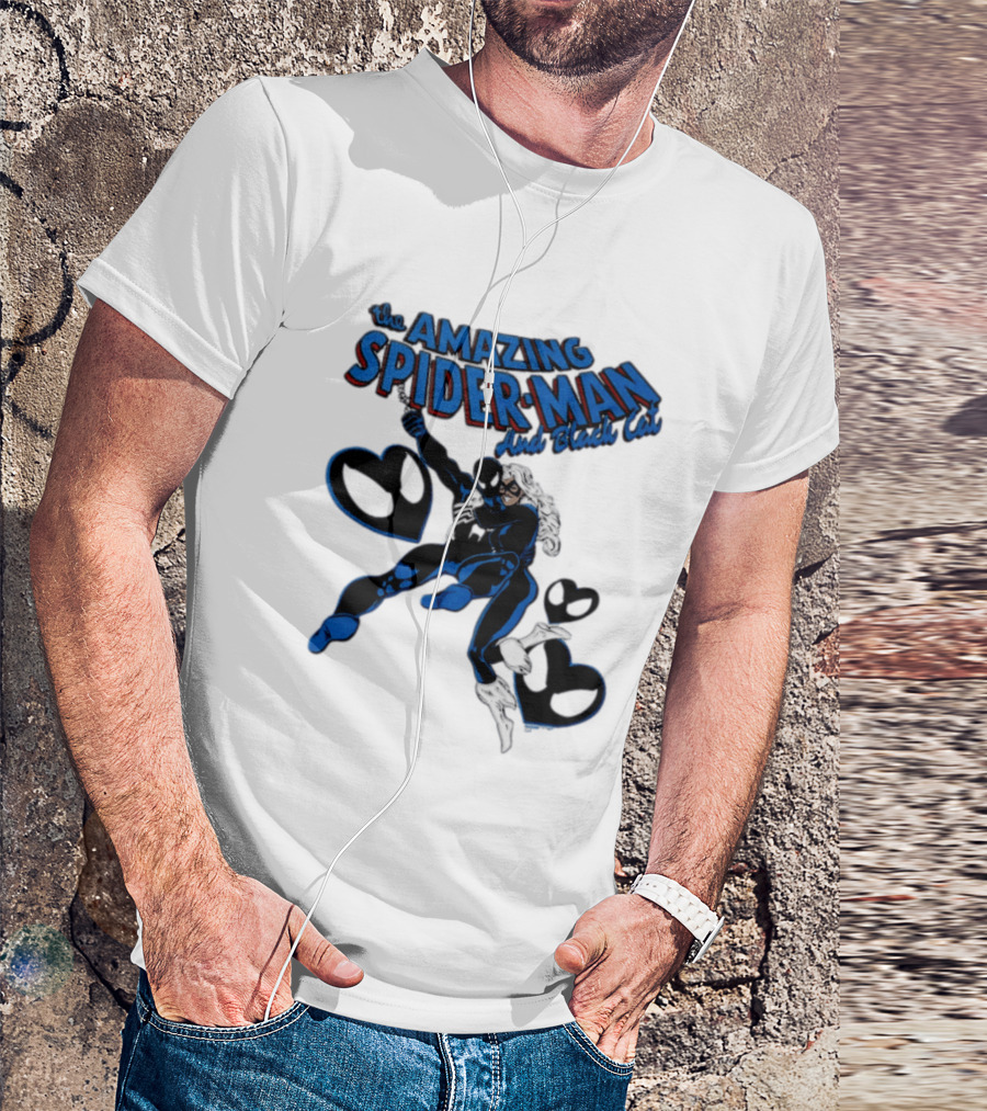 The Amazing Spider Man Hugs Black Cat With Hearts T-Shirt
