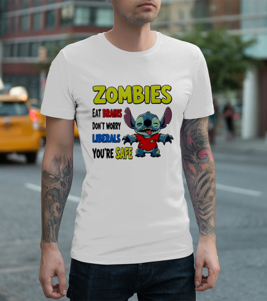 Zombies Eat Brains Don't Worry Liberals You're Safe Stitch Cartoon Creature Stitched Red T-Shirt