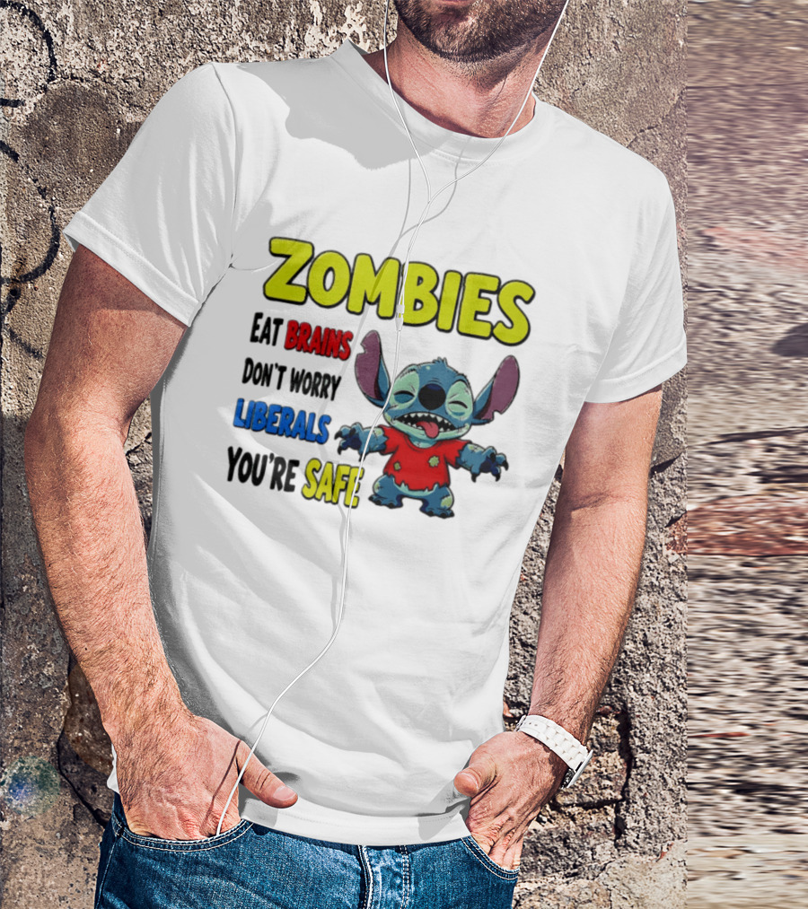 Zombies Eat Brains Don't Worry Liberals You're Safe Stitch Cartoon Creature Stitched Red T-Shirt