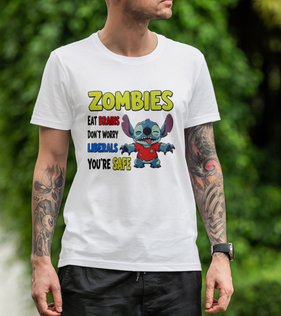 Zombies Eat Brains Don't Worry Liberals You're Safe Stitch Cartoon Creature Stitched Red T-Shirt