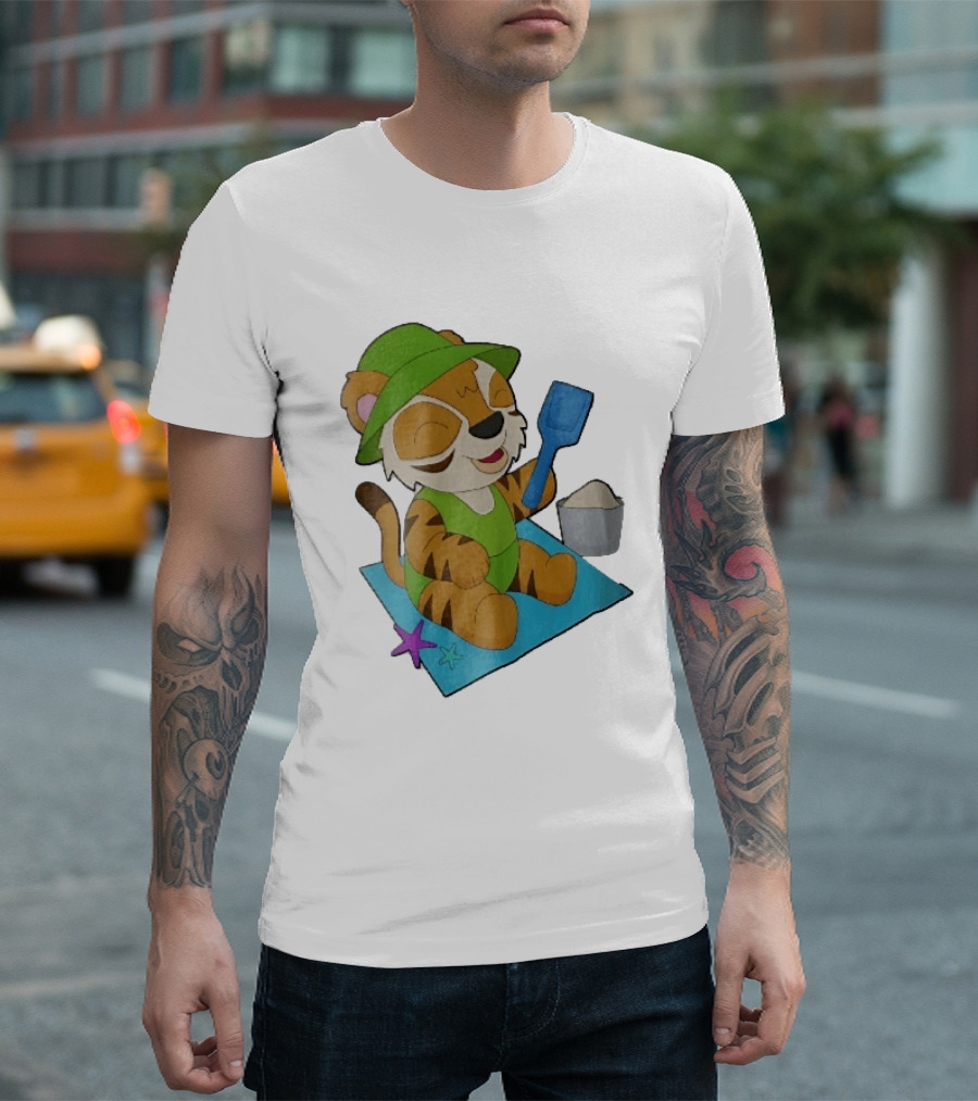 Playful Tiger Beach Sand Adventure Summer Scene T-Shirt