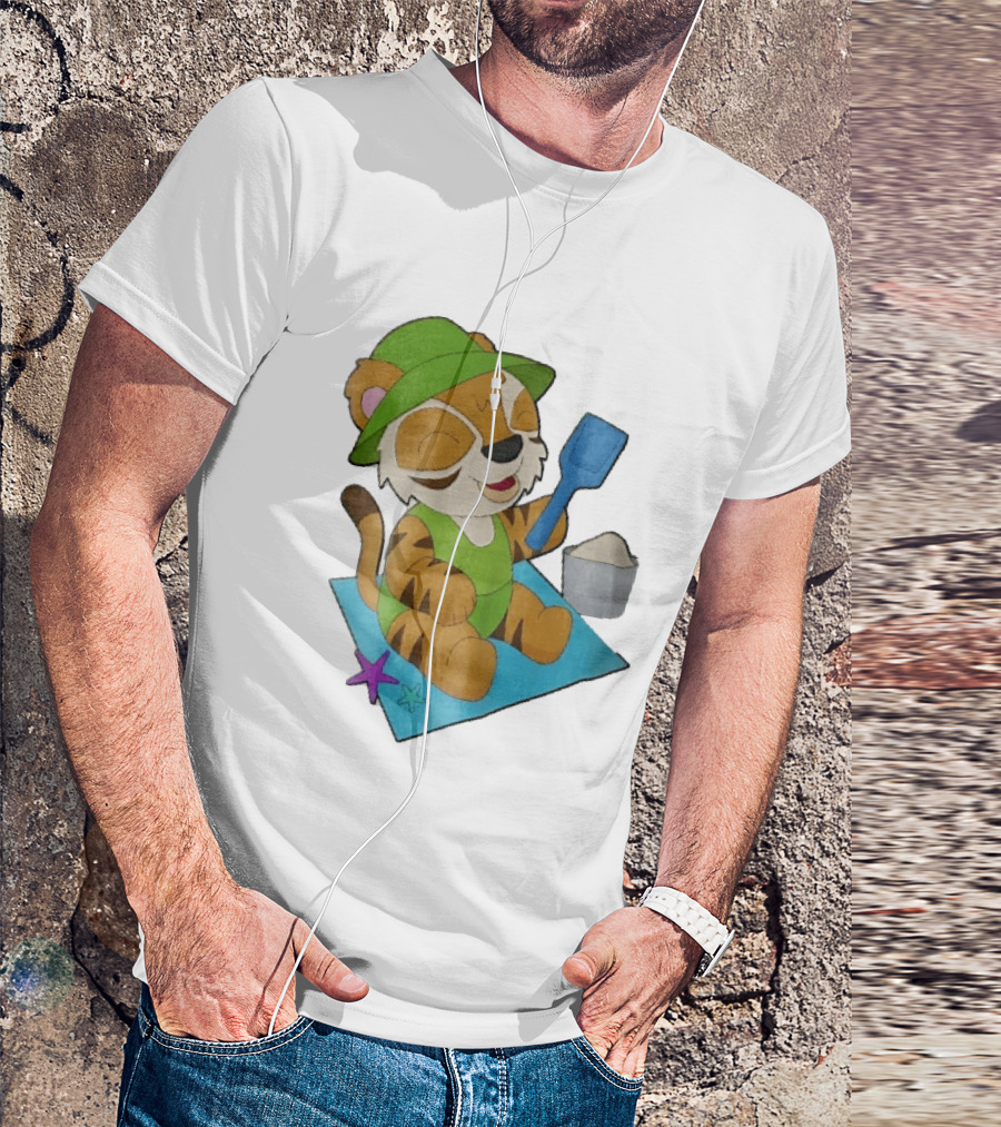 Playful Tiger Beach Sand Adventure Summer Scene T-Shirt