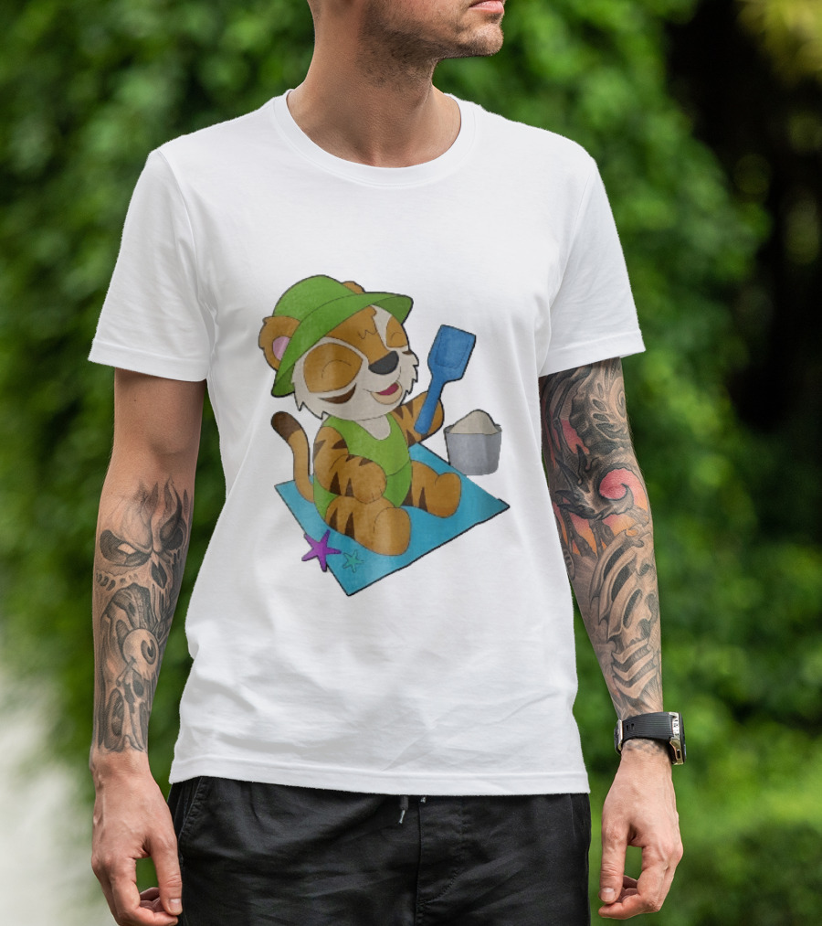 Playful Tiger Beach Sand Adventure Summer Scene T-Shirt