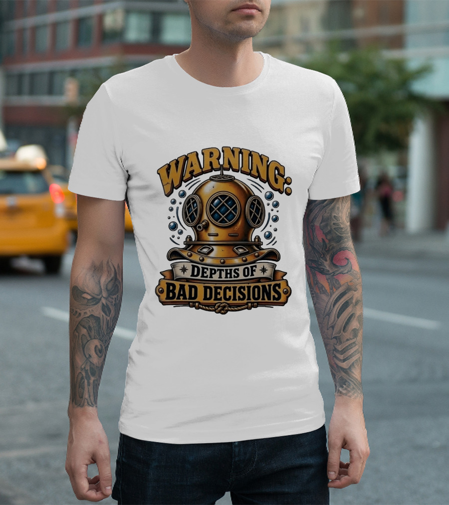 Warning Depths Of Bad Decisions Vintage Diving Helmet Adventure T-Shirt
