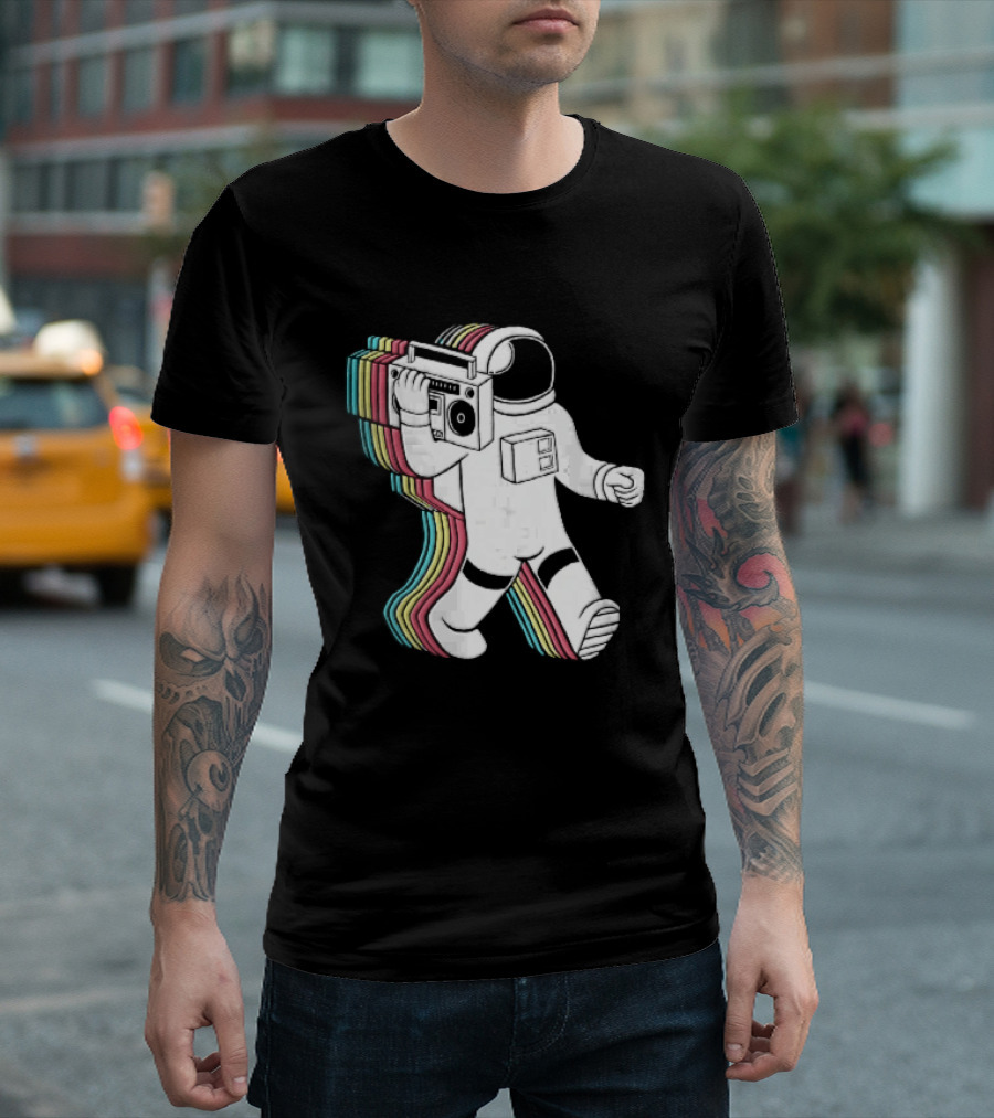 Astronaut Carrying Boombox Retro Colorful Vibes T-Shirt