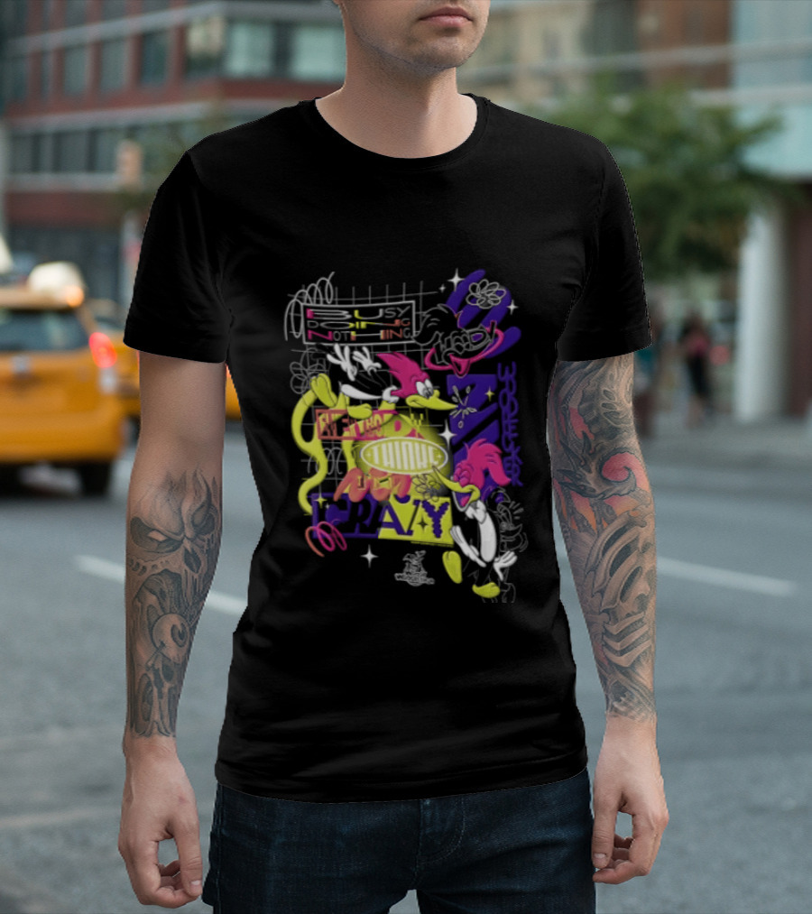 Busy Doing Nothing Everybody Thinks I'm Crazy Woody Woodpecker Walter Lantz Neon Grid Poses T-Shirt
