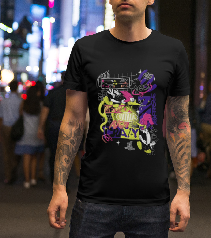 Busy Doing Nothing Everybody Thinks I'm Crazy Woody Woodpecker Walter Lantz Neon Grid Poses T-Shirt