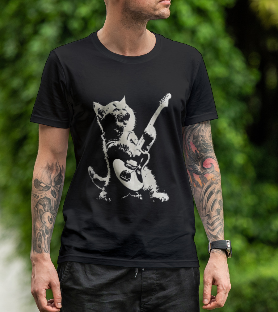 Cat Playing Electric Guitar Rocker Meowing Stencil Splatter Black And White T-Shirt