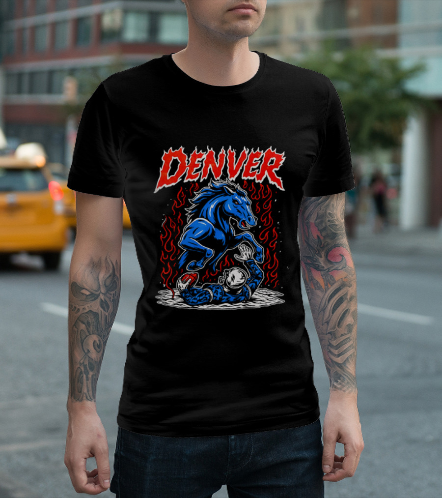 Denver Broncos Blue Horse Fire Football Player Flame T-Shirt