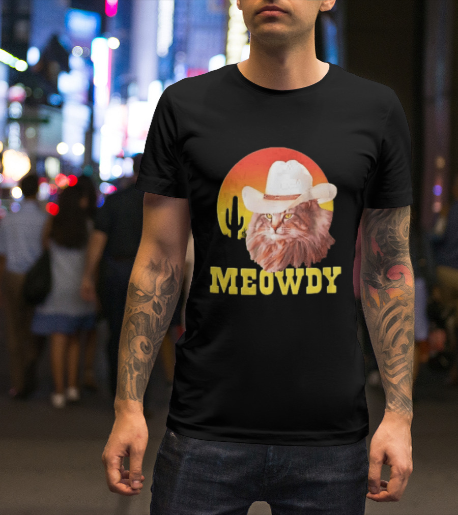 Meowdy Cowboy Cat In White Hat With Sunset And Cactus T-Shirt