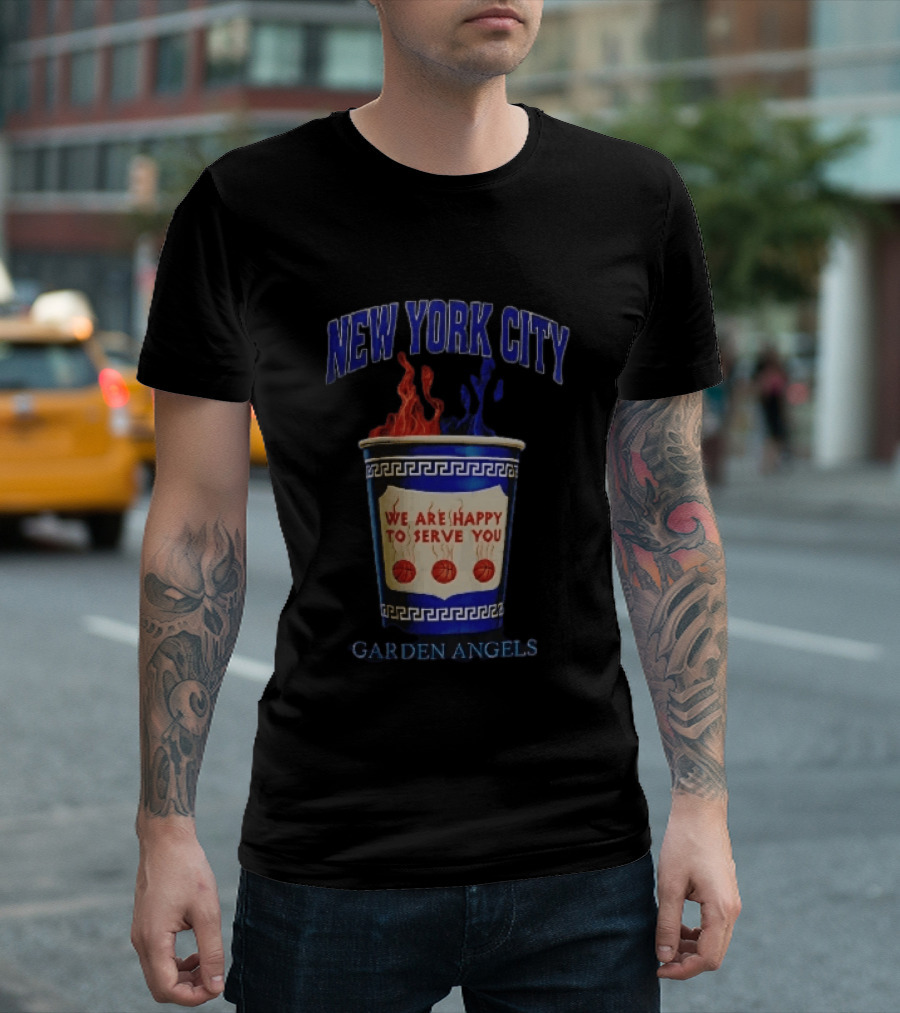 New York City Greek Coffee Cup We Are Happy To Serve You Garden Angels Flaming Basketballs T-Shirt