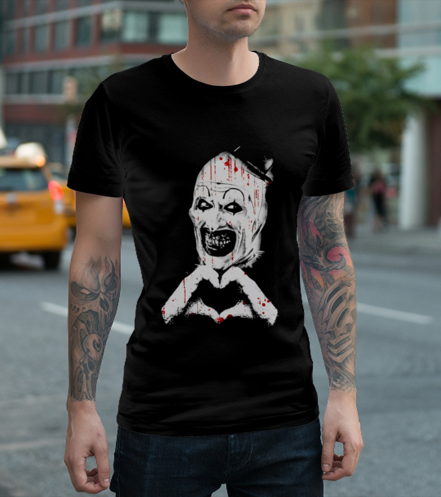 Terrifying Clown With Creepy Heart Hands And Bloody Accents T-Shirt