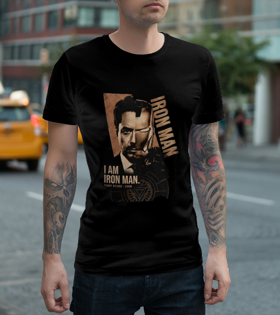 I Am Iron Man Tony Stark 2008 Robert Downey Jr Split Face Iron Man T-Shirt