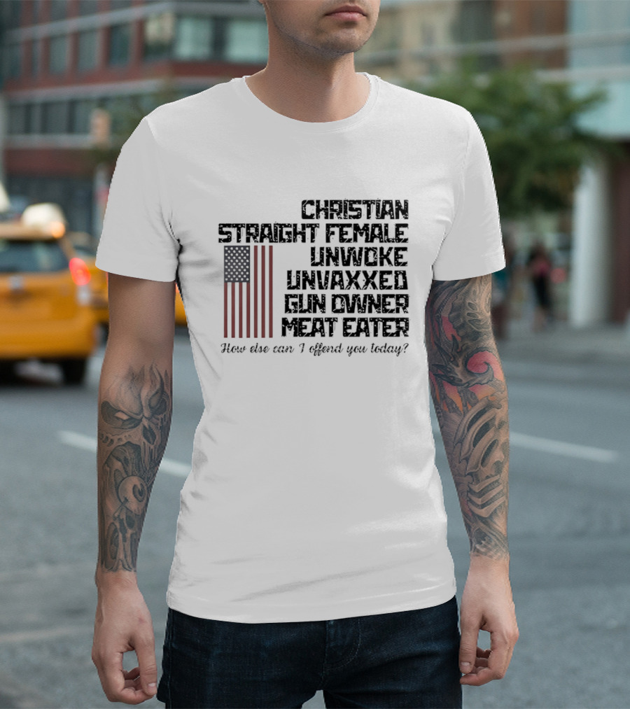 Christian Straight Female Unwoke Unvaxxed Gun Owner Meat Eater How Else Can I Offend You Today USA Flag T-Shirt