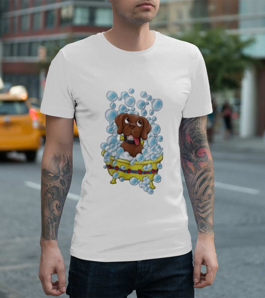 Goofy Dog Surrounded By Bubbles In Yellow Tub T-Shirt