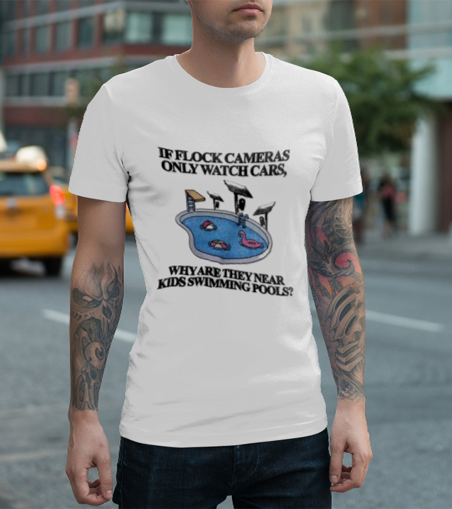 Flock Cameras Cars Near Swimming Pools Pink Flamingo Float Solar Panels Cartoon T-Shirt