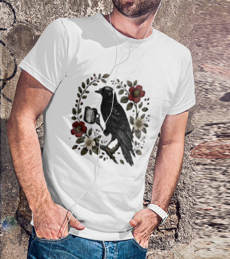 Is He Dead Yet Crow Coffee Floral Wreath Blooms T-Shirt