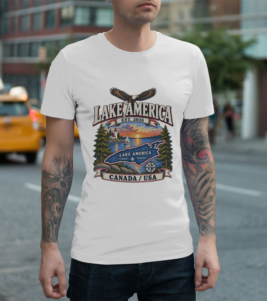 Lake America Est. 2026 Great Lakes Canada USA Scenic Sunset Eagle Sailboat T-Shirt