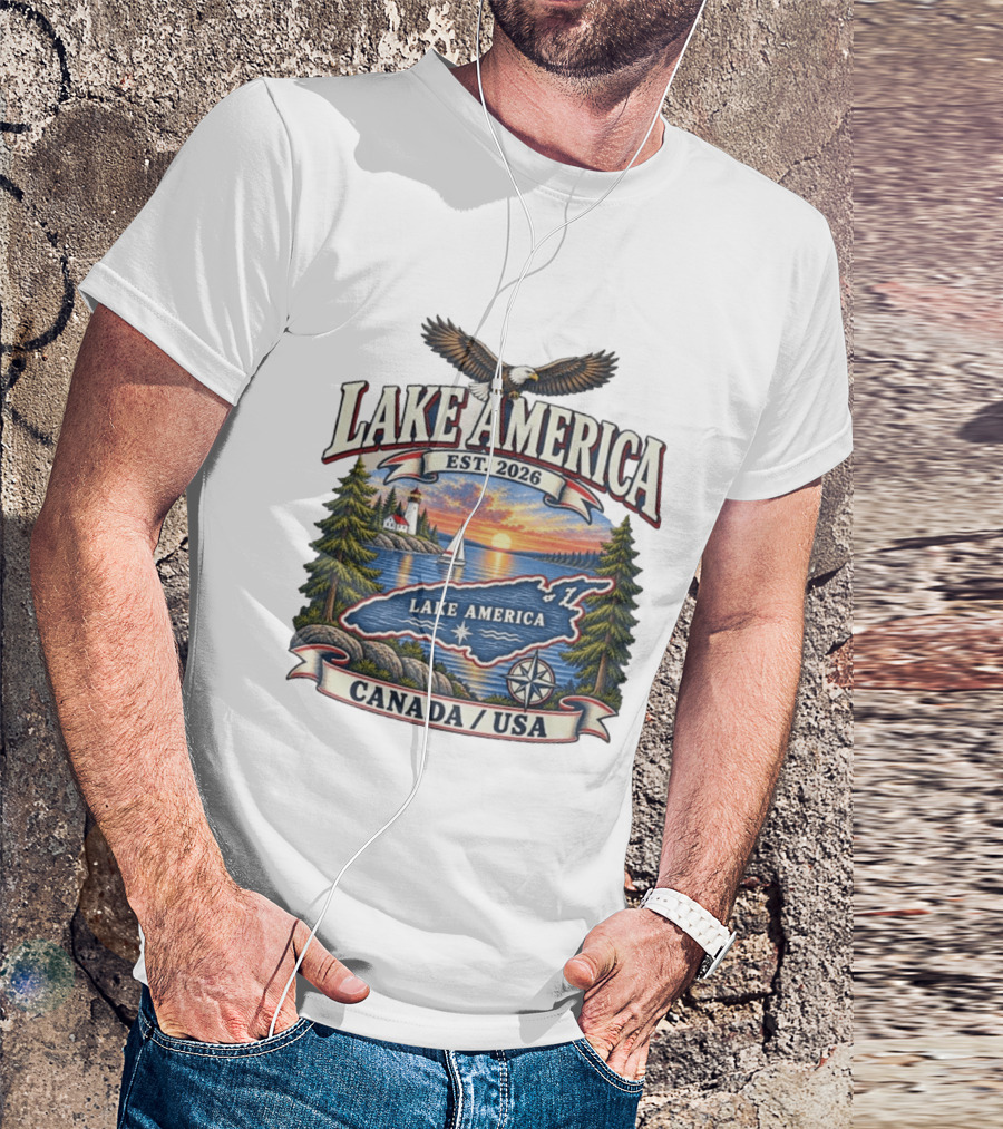 Lake America Est. 2026 Great Lakes Canada USA Scenic Sunset Eagle Sailboat T-Shirt