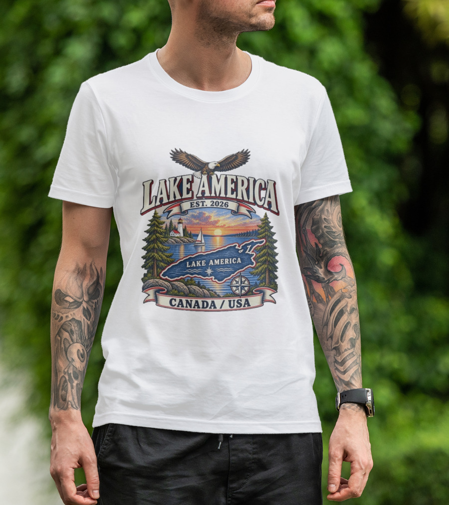 Lake America Est. 2026 Great Lakes Canada USA Scenic Sunset Eagle Sailboat T-Shirt