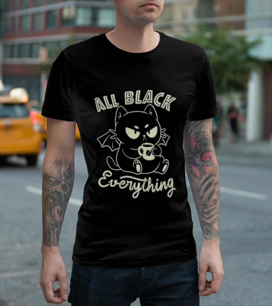 All Black Everything Cartoon Bat Cat Drinking Coffee T-Shirt