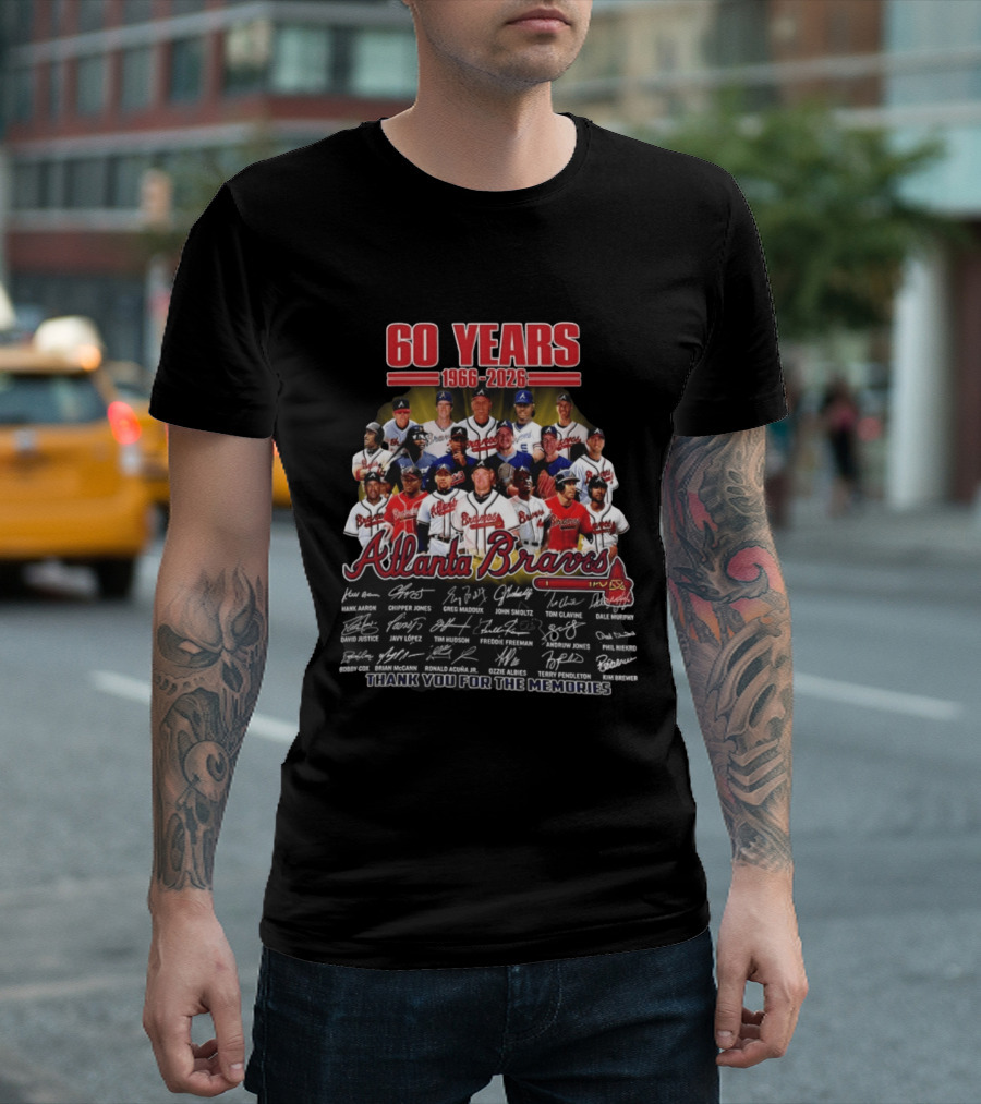 Atlanta Braves 60 Years 1966 2026 Legends Aaron Chipper Jones Maddux Glavine Smoltz Murphy Autographs Thank You For The Memories T-Shirt