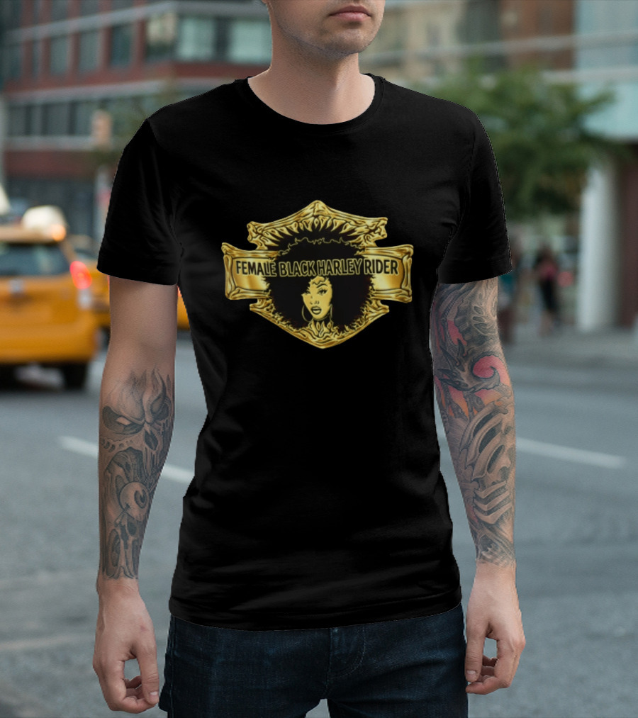 Female Black Harley Rider Gold Ornate Shield Afro T-Shirt