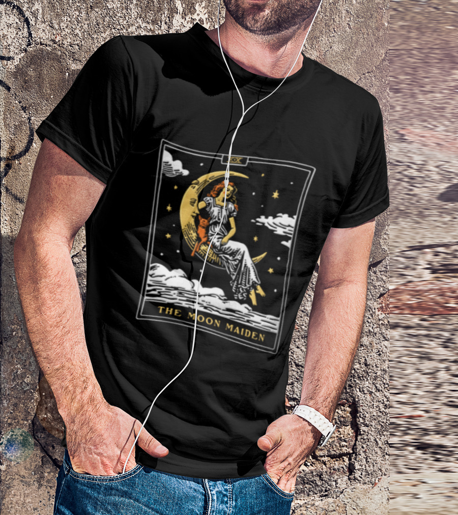 The Moon Maiden Tarot Card Crescent Cat And Stars T-Shirt