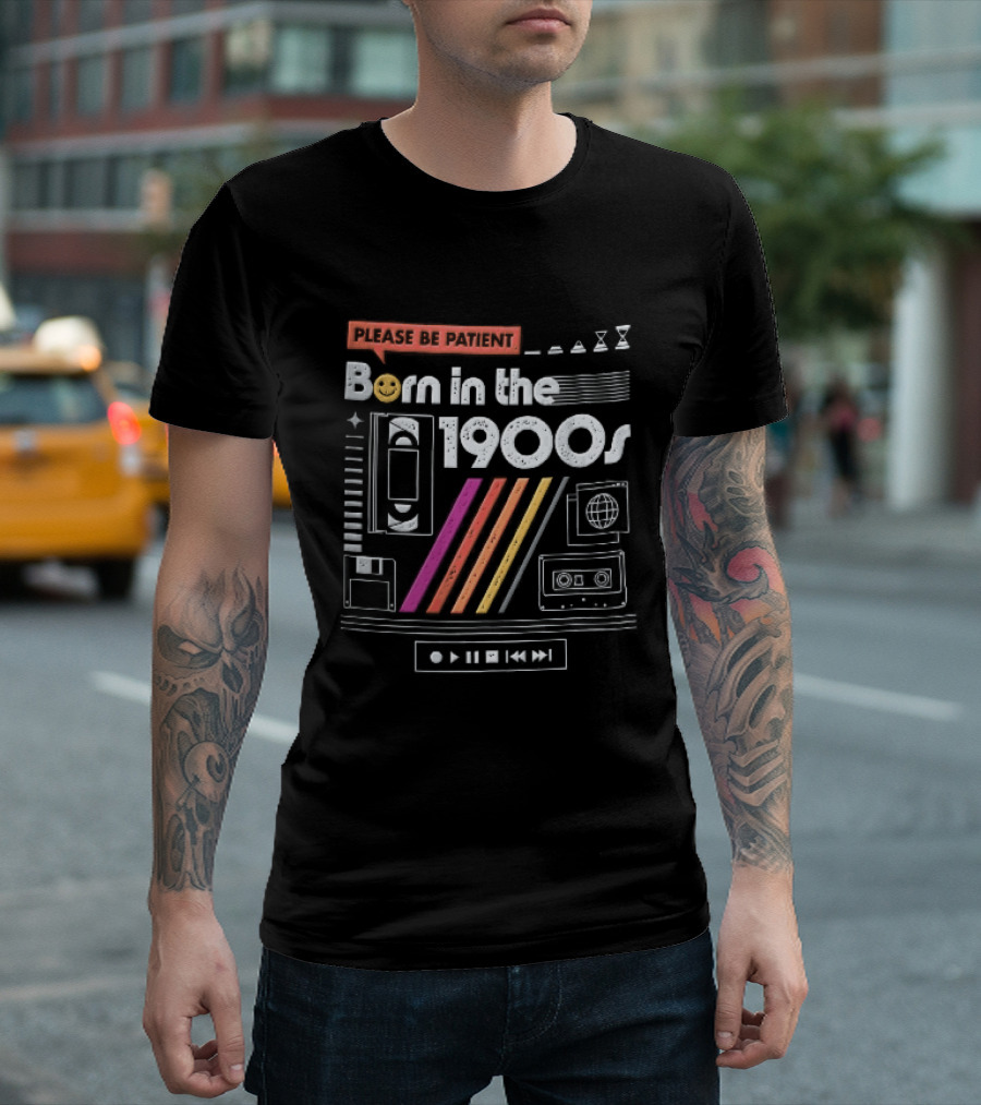 Please Be Patient Born In The 1900s VHS Tape Cassette Floppy Disk Colorful Stripes Retro Technology T-Shirt