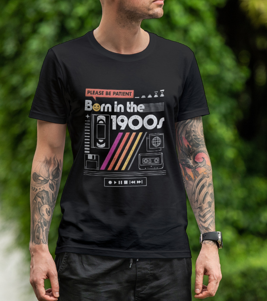 Please Be Patient Born In The 1900s VHS Tape Cassette Floppy Disk Colorful Stripes Retro Technology T-Shirt