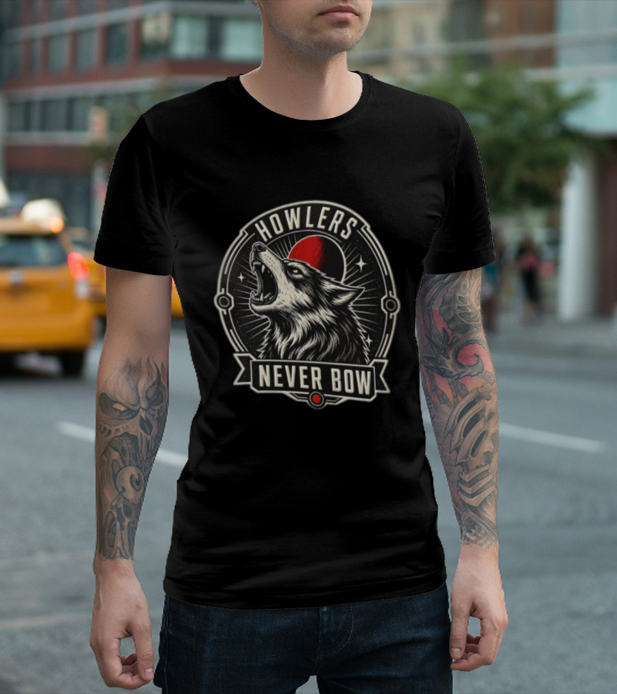 Howlers Never Bow Snarling Wolf Red Moon Celestial T-Shirt