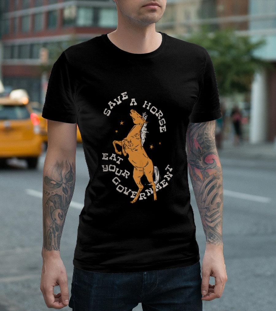 Save A Horse Eat Your Government Rearing Orange Stallion Woodcut Stars T-Shirt